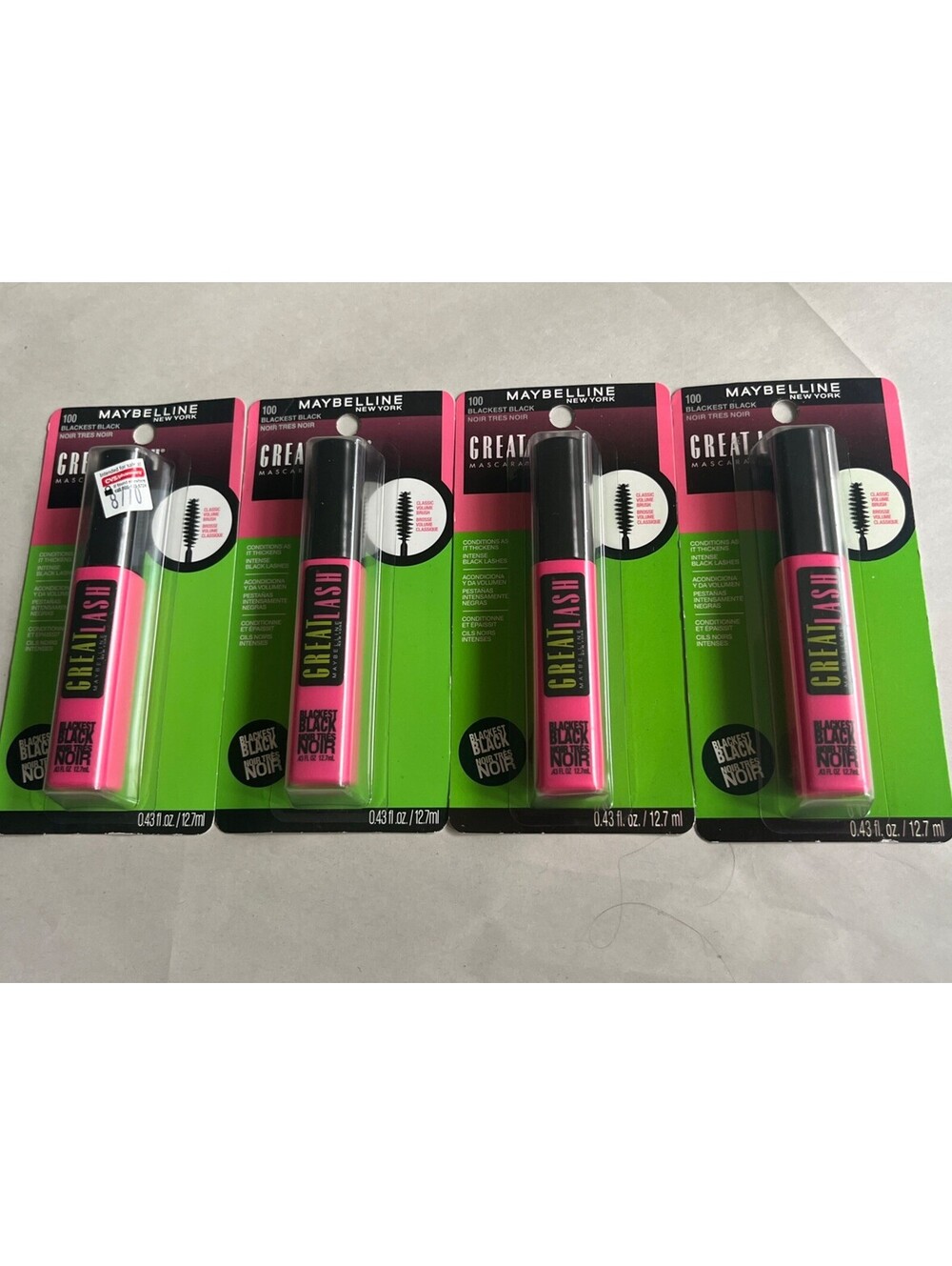 (4) Maybelline Great Lash Washable Mascara, Blackest Black 100, 0.43 fl oz